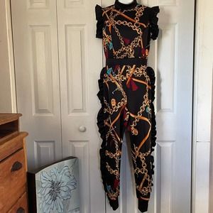 K TOO Jumpsuit Black and Gold Multi-print Size M